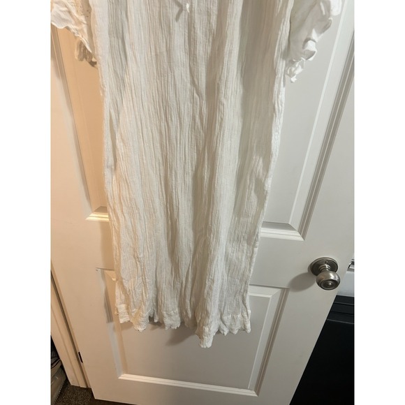 Doen Square neckline with crochet scallop trim, flutter sleeves, pleated Dress L - Picture 4 of 14